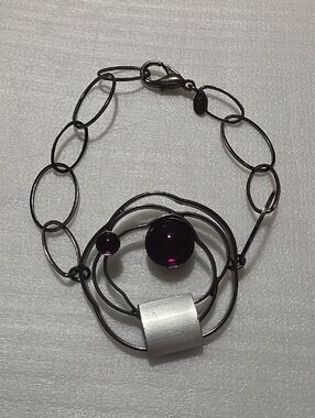 Contemporary Silver-Tone Bracelet with Purple Glass Orbs